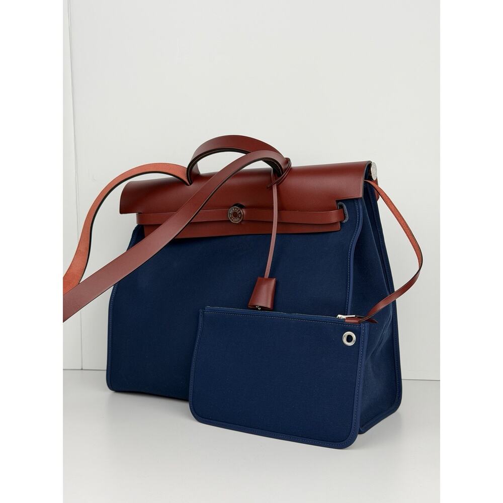 Hermes Herbag Zip 39 MM Toile Vache Hunter Navy Canvas and Leather Trim 2015 D6